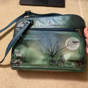 Anuschka purse wolf design Handpainted Leather Zip Top